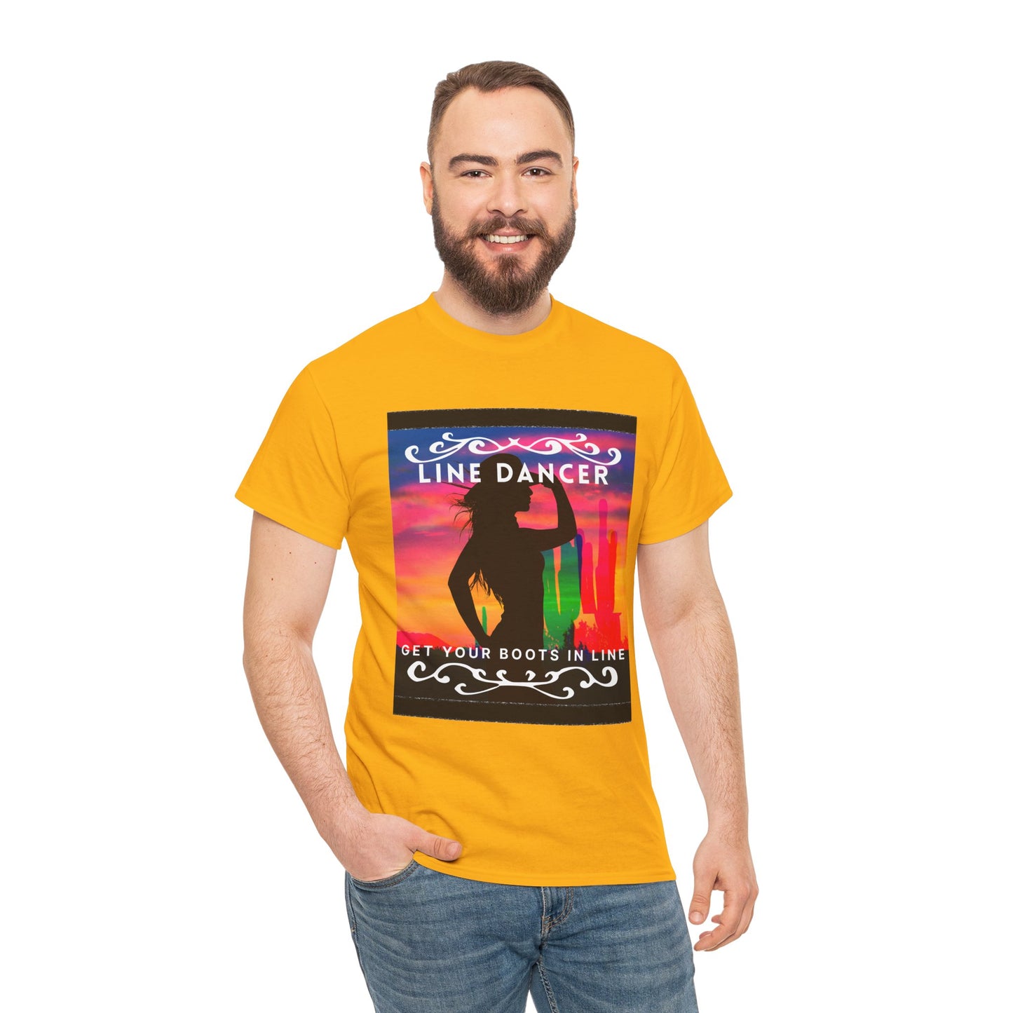 "Line Dancer" Unisex Heavy Cotton T-Shirt – Western Country Dance Graphic Tee – 'Get Your Boots in Line' Cowboy-Inspired Shirt