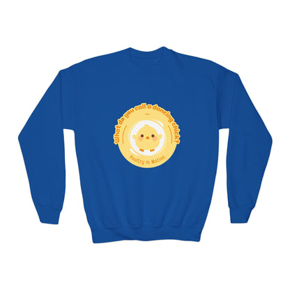 "What do you call a dancing chick? Poultry in Motion." – Funny Dance Pun Youth Crewneck Sweatshirt | Cute Dancing Chicken Kids Pullover
