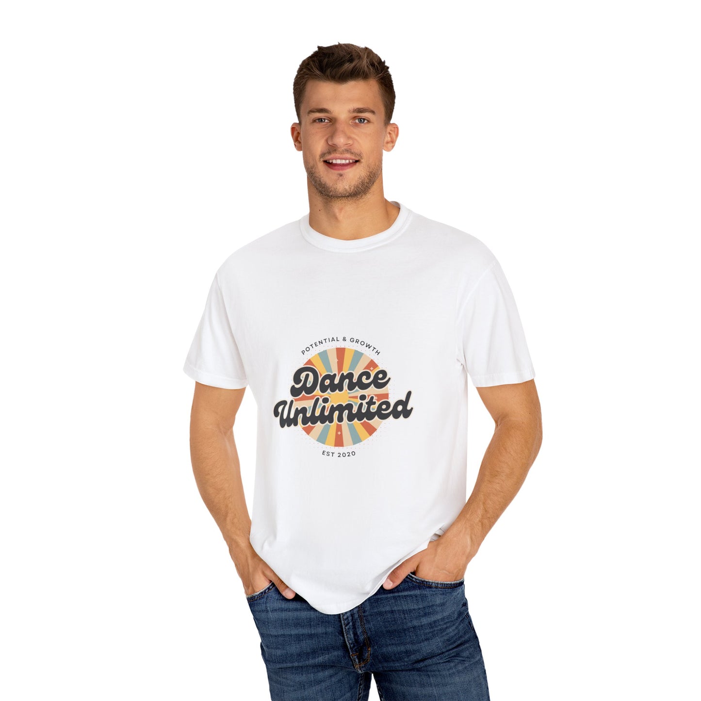 "Dance Unlimited, Potential & Growth" Unisex Garment-Dyed T-Shirt – Retro-Inspired Dance Motivation Graphic Tee – Inspirational Shirt for Dancers"