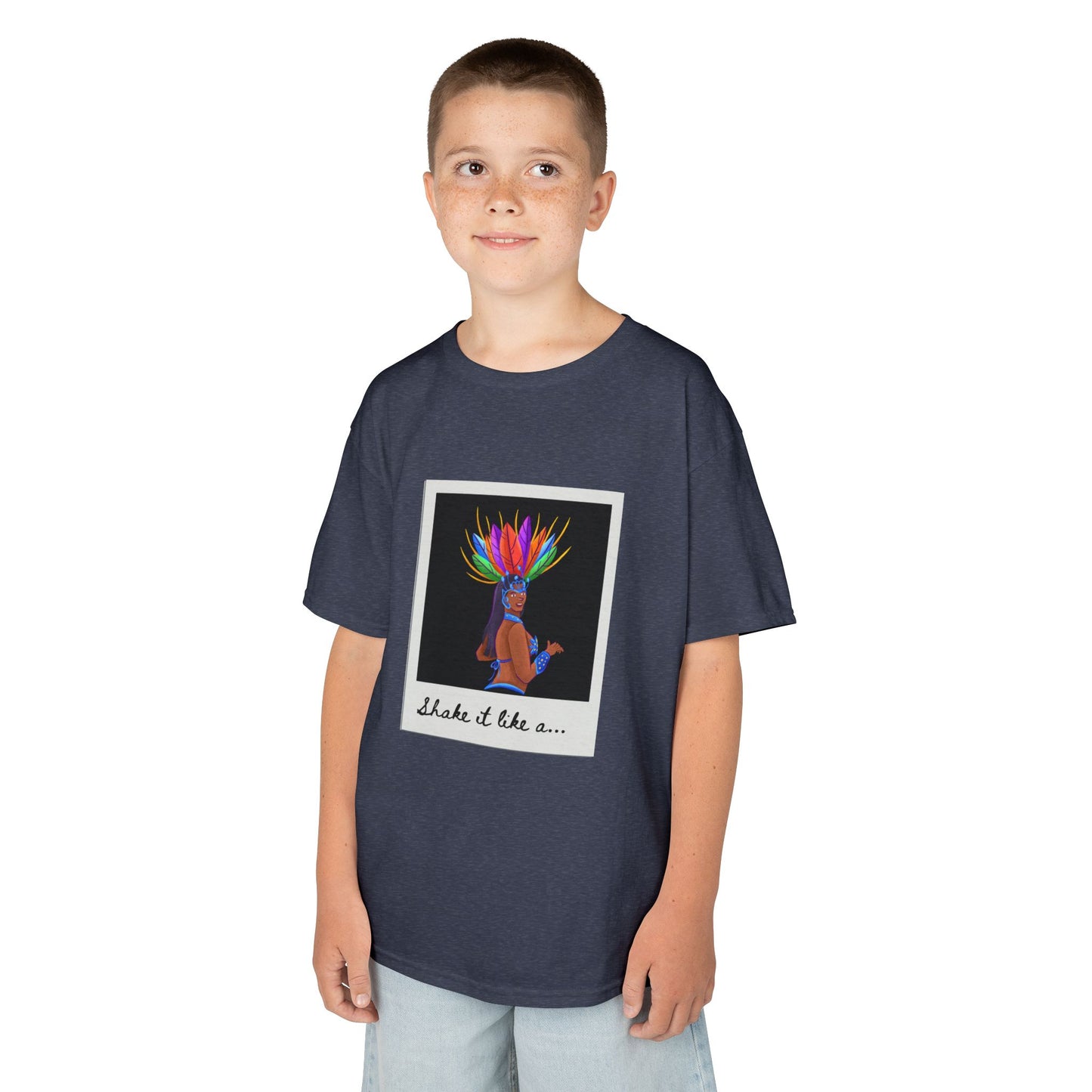 "Shake It Like a..." Youth Short Sleeve Tee – Carnival-Inspired Samba Dancer Graphic Dance Shirt for Kids
