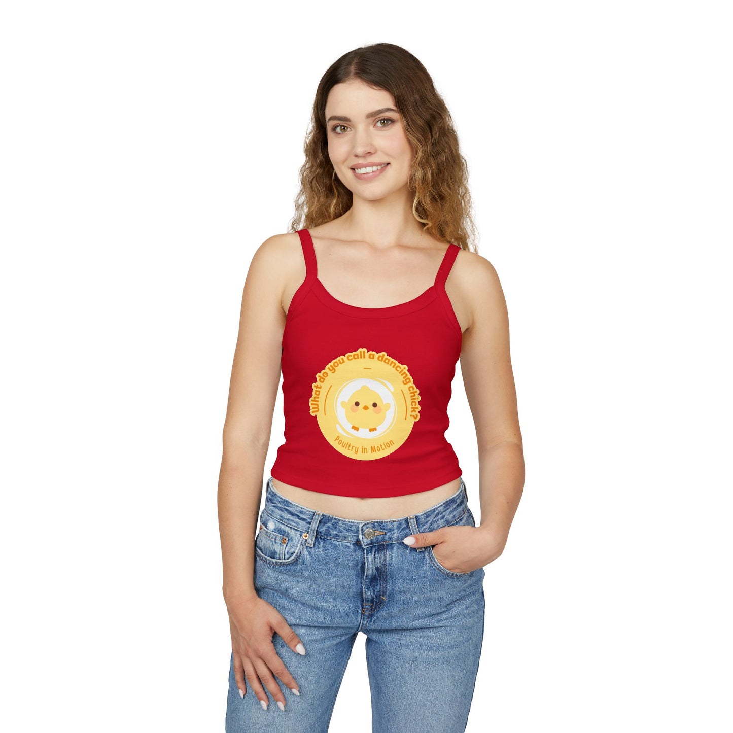"What Do You Call a Dancing Chick? Poultry in Motion" Women’s Spaghetti Strap Tank Top – Cute Chicken Graphic | Funny Dance Pun Apparel for Dancers & Animal Lovers