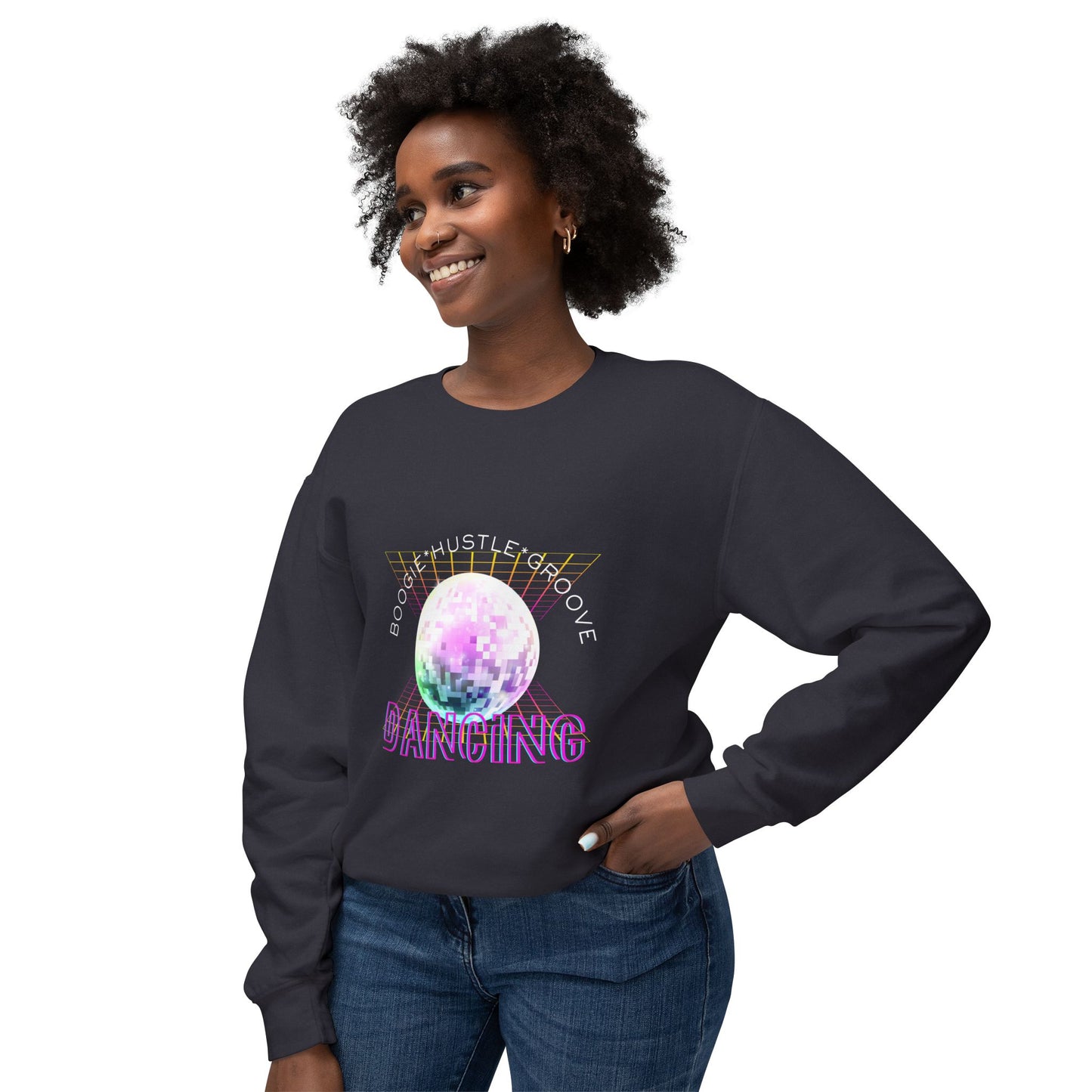 "Boogie, Hustle, Groove - Dancing" Streetwear Dance Graphic – Unisex Lightweight Crewneck Sweatshirt