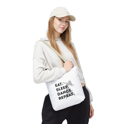 "Eat Sleep Dance Repeat" Canvas Tote Bag – Gray Dancer Silhouette Dance-Themed Reusable Shoulder Bag for Dancers, Studio, or Everyday Use