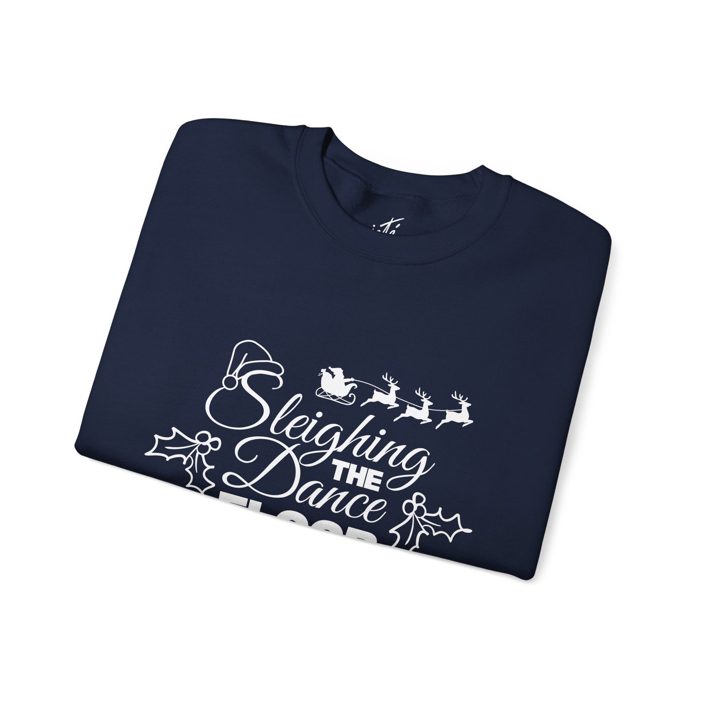“Sleighing the Dance Floor” ADULT SWEATSHIRT Unisex Heavy Blend Crewneck – Festive Christmas Dance Sweatshirt with Santa’s Sleigh & Reindeer Arm Design, Perfect for Dancers & Studios