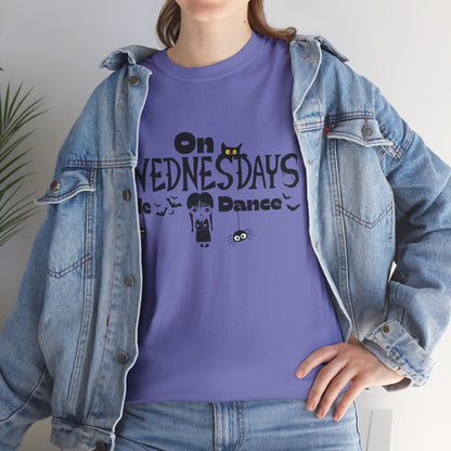 “On Wednesdays We Dance” Gothic Halloween T-Shirt with Cute Girl, Black Cat, Spiders & Bats - Unisex Heavy Cotton Tee