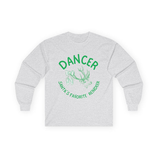 “Dancer, Santa’s Favorite Reindeer” ADULT TEE Unisex Long Sleeve with Vintage Reindeer Graphic – Festive Christmas Dance Tee for Dancers & Holiday Events