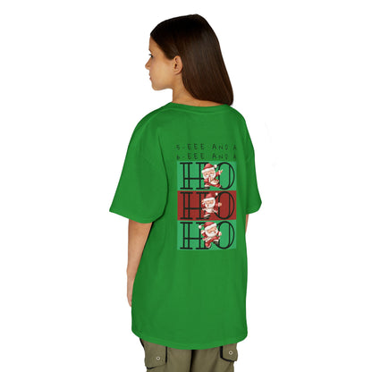 “5-eee and a 6-eee and a Ho, Ho, Ho” YOUTH Short Sleeve Tee with Playful Dancing Santa Front & Back – Festive Christmas Dance Tee for Dancers & Studios