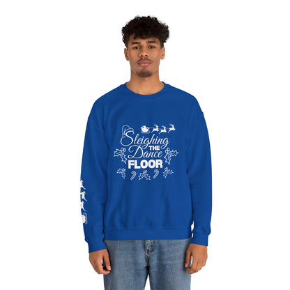 “Sleighing the Dance Floor” ADULT SWEATSHIRT Unisex Heavy Blend Crewneck – Festive Christmas Dance Sweatshirt with Santa’s Sleigh & Reindeer Arm Design, Perfect for Dancers & Studios