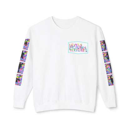 Levels Premium Collection Dance Crewneck Sweatshirt – Vibrant Unisex Streetwear Pullover with "Levels Pictures Textures" Front Text and Dancer Silhouettes on Sleeves