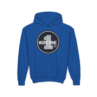 "One More Time Is a Lie" Youth Hooded Sweatshirt – Bold Dance Emblem Graphic Hoodie for Kids and Teens