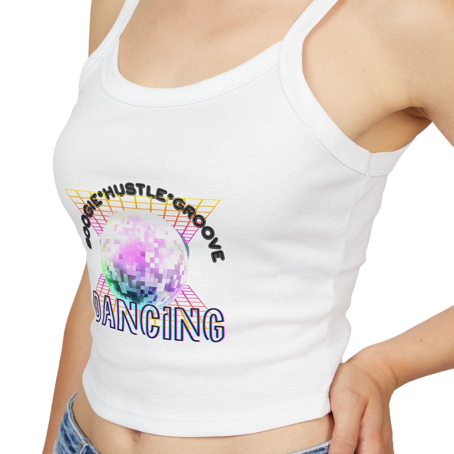 "Boogie, Hustle, Groove – Dancing" Women’s Spaghetti Strap Tank Top – Bold Retro Graphic | Fun 70s-Inspired Dancewear for Studio & Everyday Style