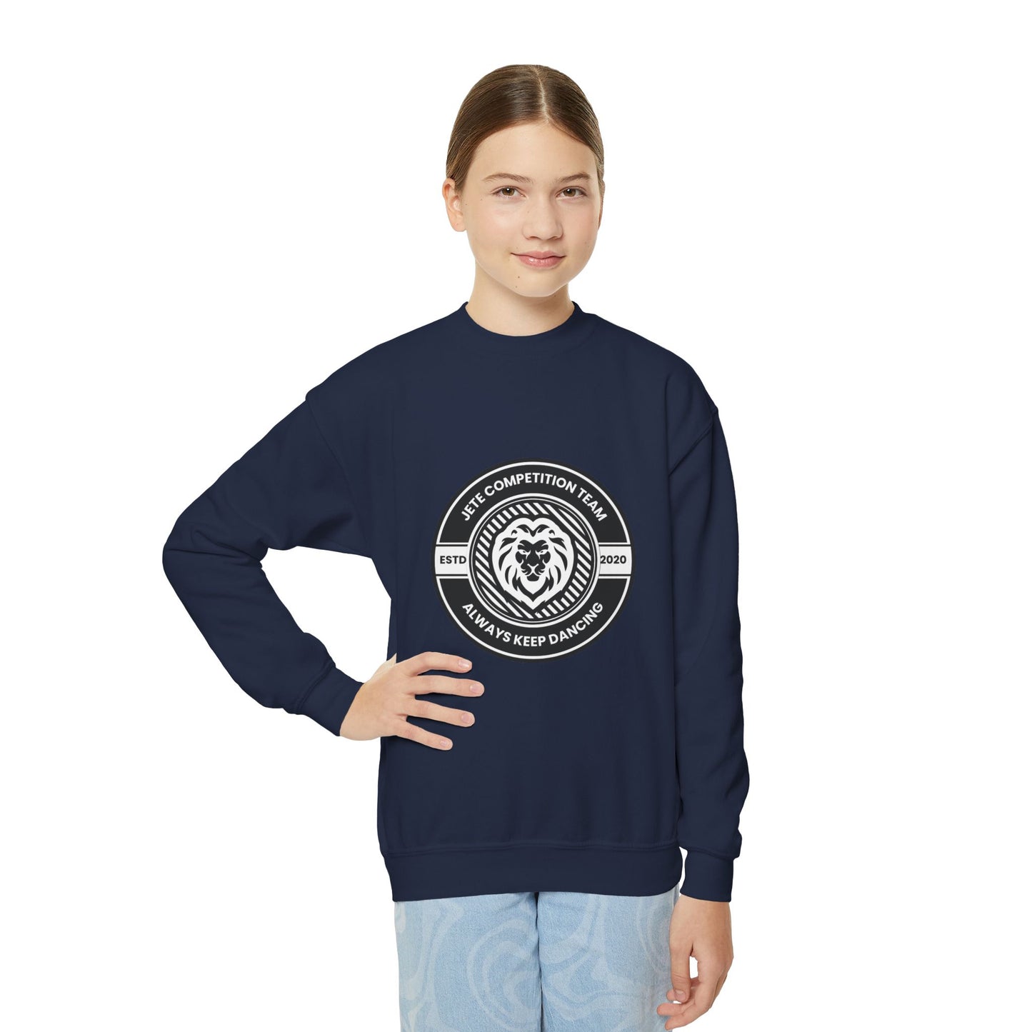 "Jeté Competition Team - Always Keep Dancing" Youth Crewneck Sweatshirt – Bold Collegiate-Inspired Dance Graphic Pullover for Kids and Teens
