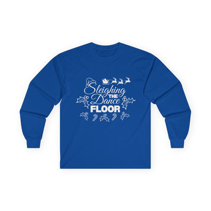 “Sleighing the Dance Floor” ADULT TEE Unisex Long Sleeve with Santa’s Sleigh and Reindeer – Festive Christmas Dance Shirt for Dancers, Studios and Holiday Events