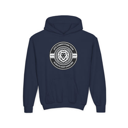 "Jeté Competition Team - Always Keep Dancing" Youth Hooded Sweatshirt – Bold Collegiate Emblem Dance Graphic Hoodie for Kids and Teens