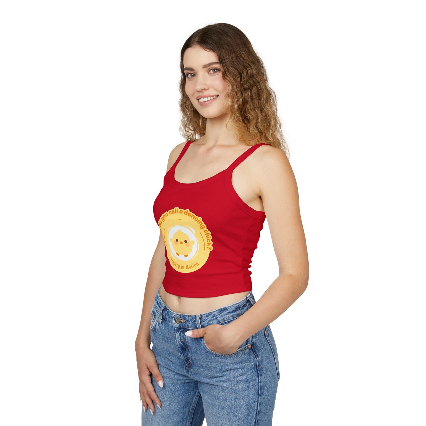 "What Do You Call a Dancing Chick? Poultry in Motion" Women’s Spaghetti Strap Tank Top – Cute Chicken Graphic | Funny Dance Pun Apparel for Dancers & Animal Lovers