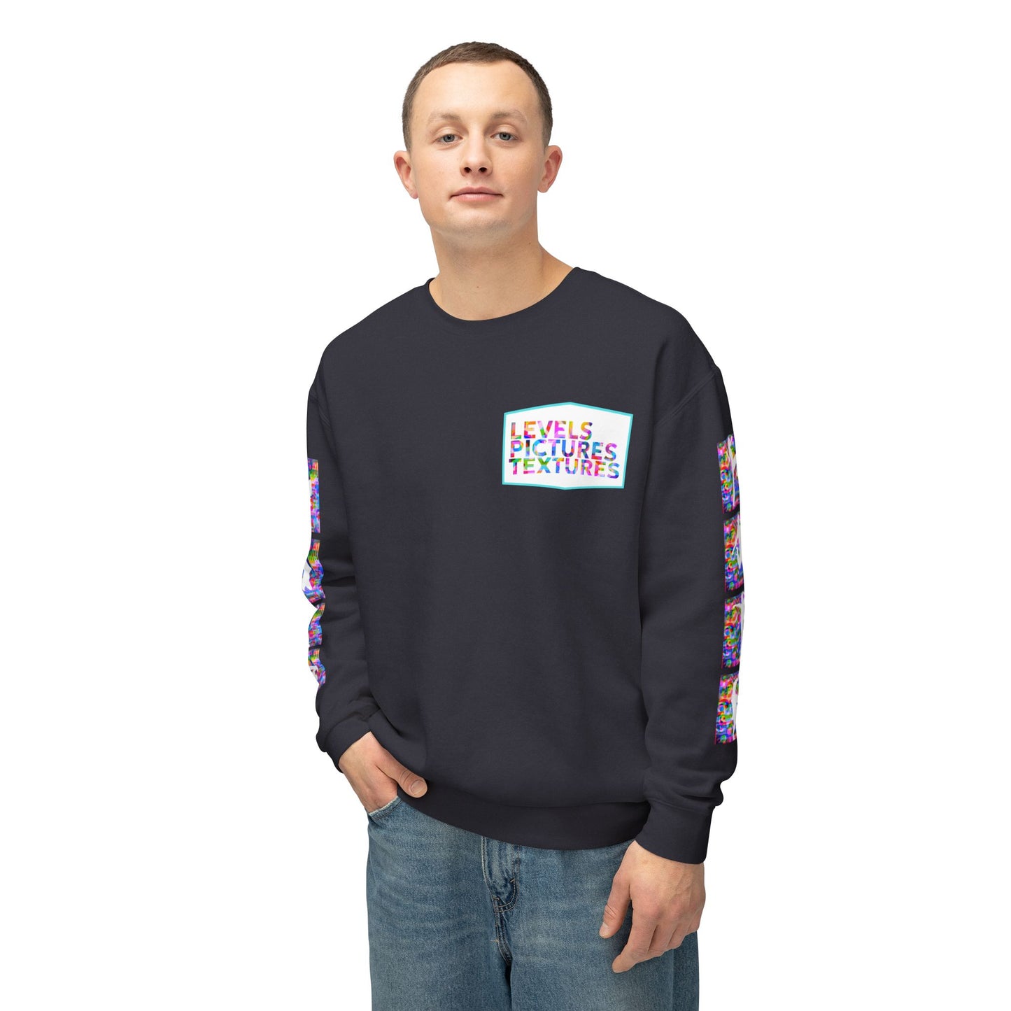 Levels Premium Collection Dance Crewneck Sweatshirt – Vibrant Unisex Streetwear Pullover with "Levels Pictures Textures" Front Text and Dancer Silhouettes on Sleeves