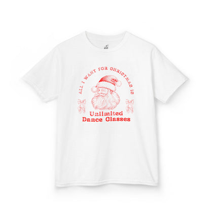 “All I Want for Christmas Is Unlimited Dance Classes” YOUTH TEE Short Sleeve with Vintage Santa – Festive Holiday Dance Tee for Dancers & Studios