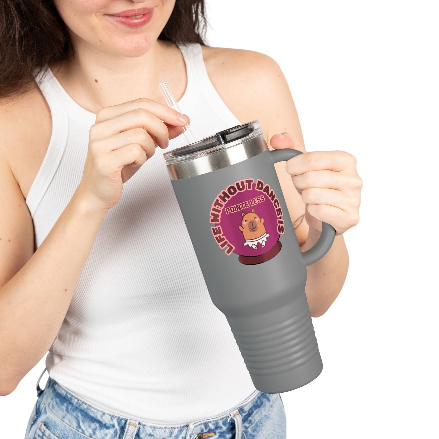 "Life Without Dance is Pointeless" 40oz Insulated Travel Mug – Cute Capybara Dance Graphic Stainless Steel Tumbler for Dancers & Dance Lovers