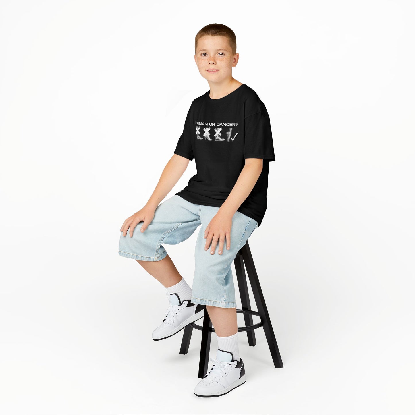 “Human or Dancer” Youth Short Sleeve Tee with Cute X-Ray Ballet Feet Graphic – Personalized Dance T-Shirt for Kids & Teens, Custom Name or Studio Option