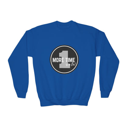 "One More Time Is a Lie" – Bold Dance Quote Youth Crewneck Sweatshirt | Funny Rehearsal Kids Pullover