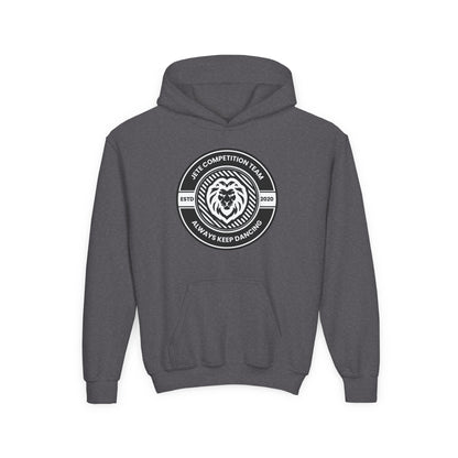 "Jeté Competition Team - Always Keep Dancing" Youth Hooded Sweatshirt – Bold Collegiate Emblem Dance Graphic Hoodie for Kids and Teens