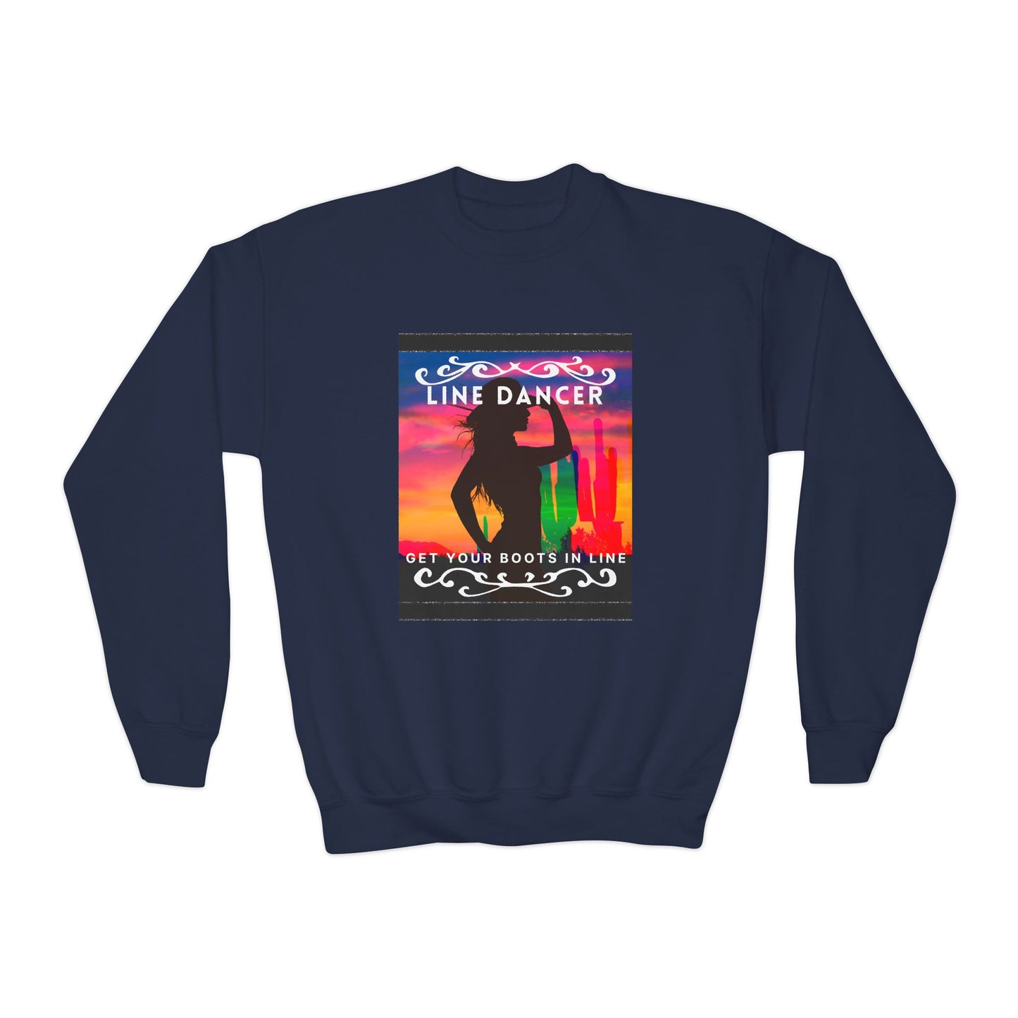 "Line Dancer, Get Your Boots in Line!" Youth Crewneck Sweatshirt – Western-Inspired Dance Graphic – Country Dance Pullover for Kids