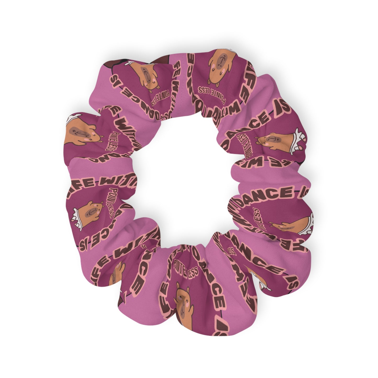 “Life Without Dance Is Pointeless” Scrunchie – Funny Ballet Pun Hair Accessory with Cute Dancing Capybara Graphic