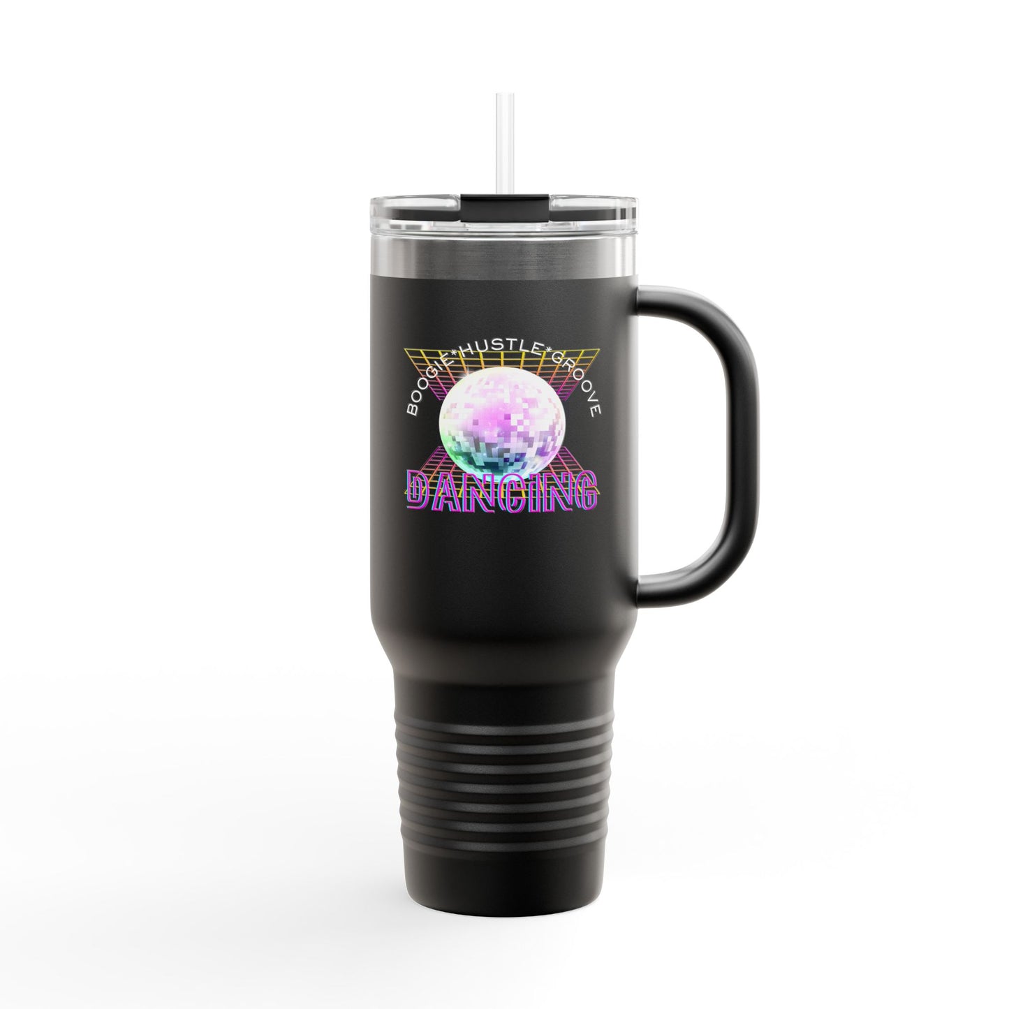 "Boogie, Hustle, Groove - Dancing" 40oz Insulated Travel Mug – Disco Dance Theme Stainless Steel Tumbler with Lid & Straw | Jeté Dance Shop