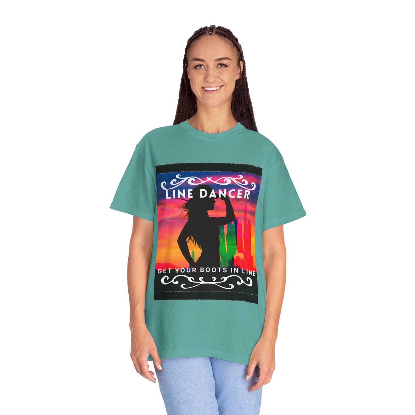 "Line Dancer" Unisex Garment-Dyed T-Shirt – Western Country Dance Graphic Tee – 'Get Your Boots in Line' Cowboy-Inspired Shirt