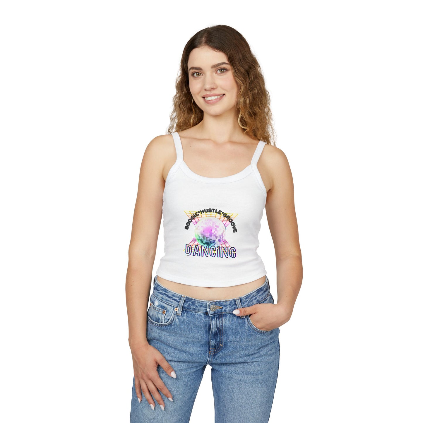 "Boogie, Hustle, Groove – Dancing" Women’s Spaghetti Strap Tank Top – Bold Retro Graphic | Fun 70s-Inspired Dancewear for Studio & Everyday Style