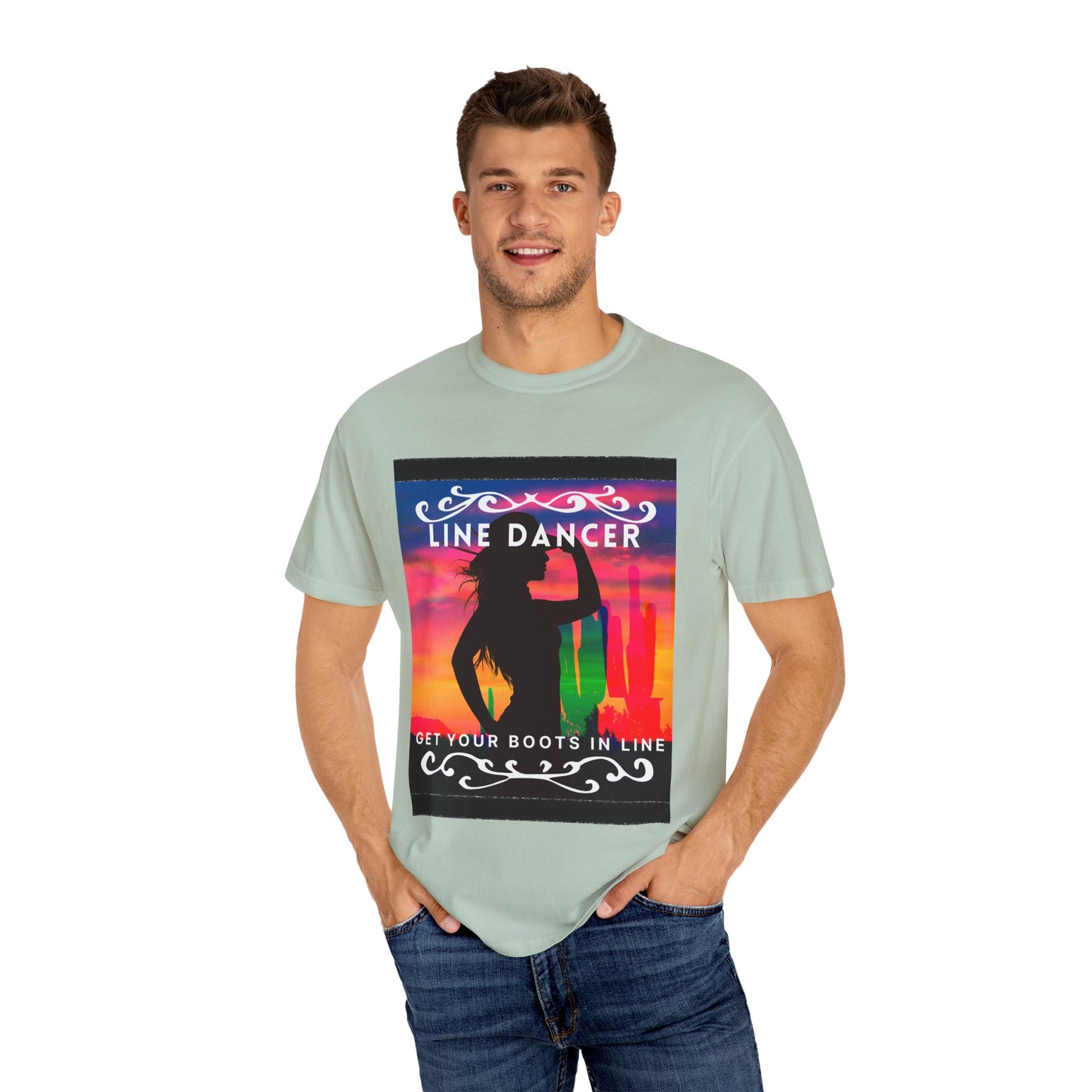 "Line Dancer" Unisex Garment-Dyed T-Shirt – Western Country Dance Graphic Tee – 'Get Your Boots in Line' Cowboy-Inspired Shirt