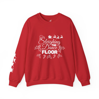 “Sleighing the Dance Floor” ADULT SWEATSHIRT Unisex Heavy Blend Crewneck – Festive Christmas Dance Sweatshirt with Santa’s Sleigh & Reindeer Arm Design, Perfect for Dancers & Studios