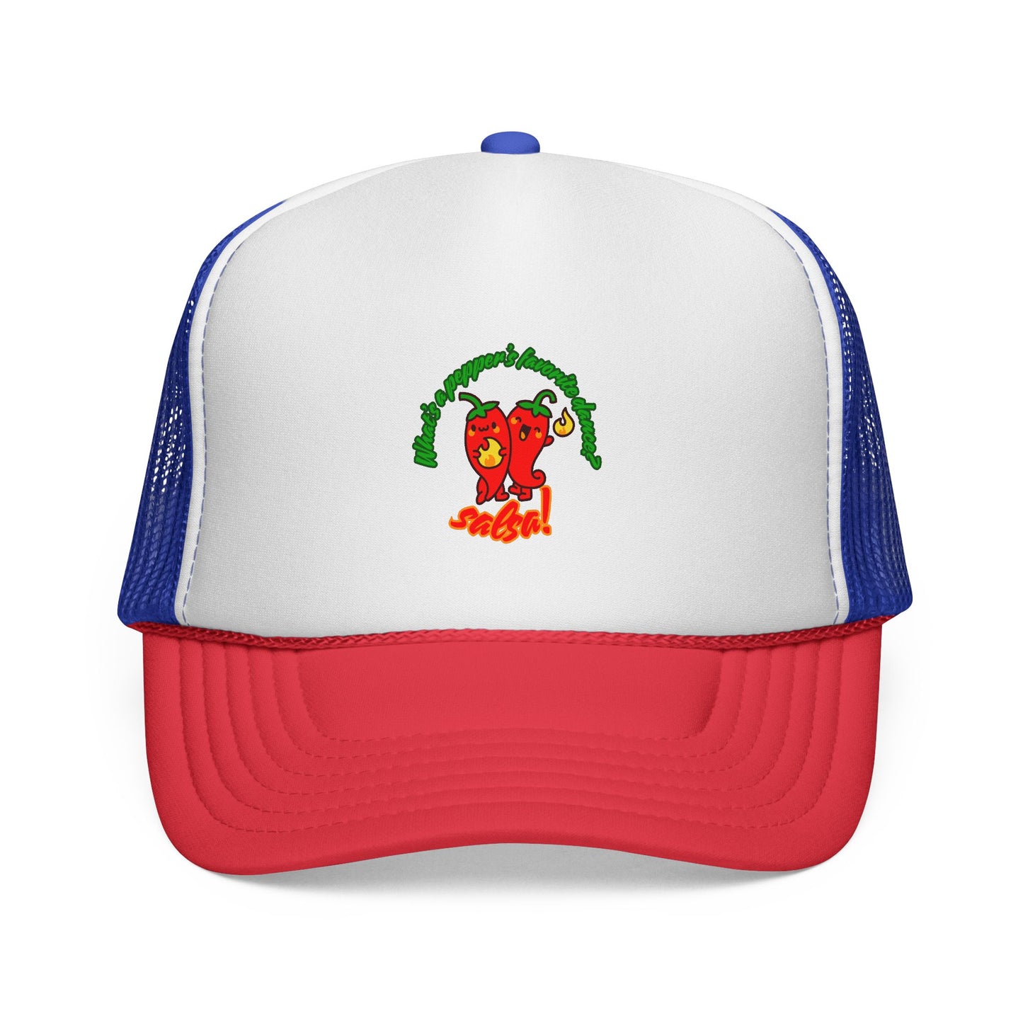 “What’s a Pepper’s Favorite Dance? Salsa!” Funny Unisex Cap with Cute Chili Pepper Graphic, Salsa Dance Trucker Hat – Dance-Themed Hat for Dancers & Foodies