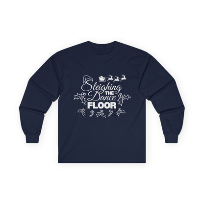 “Sleighing the Dance Floor” ADULT TEE Unisex Long Sleeve with Santa’s Sleigh and Reindeer – Festive Christmas Dance Shirt for Dancers, Studios and Holiday Events