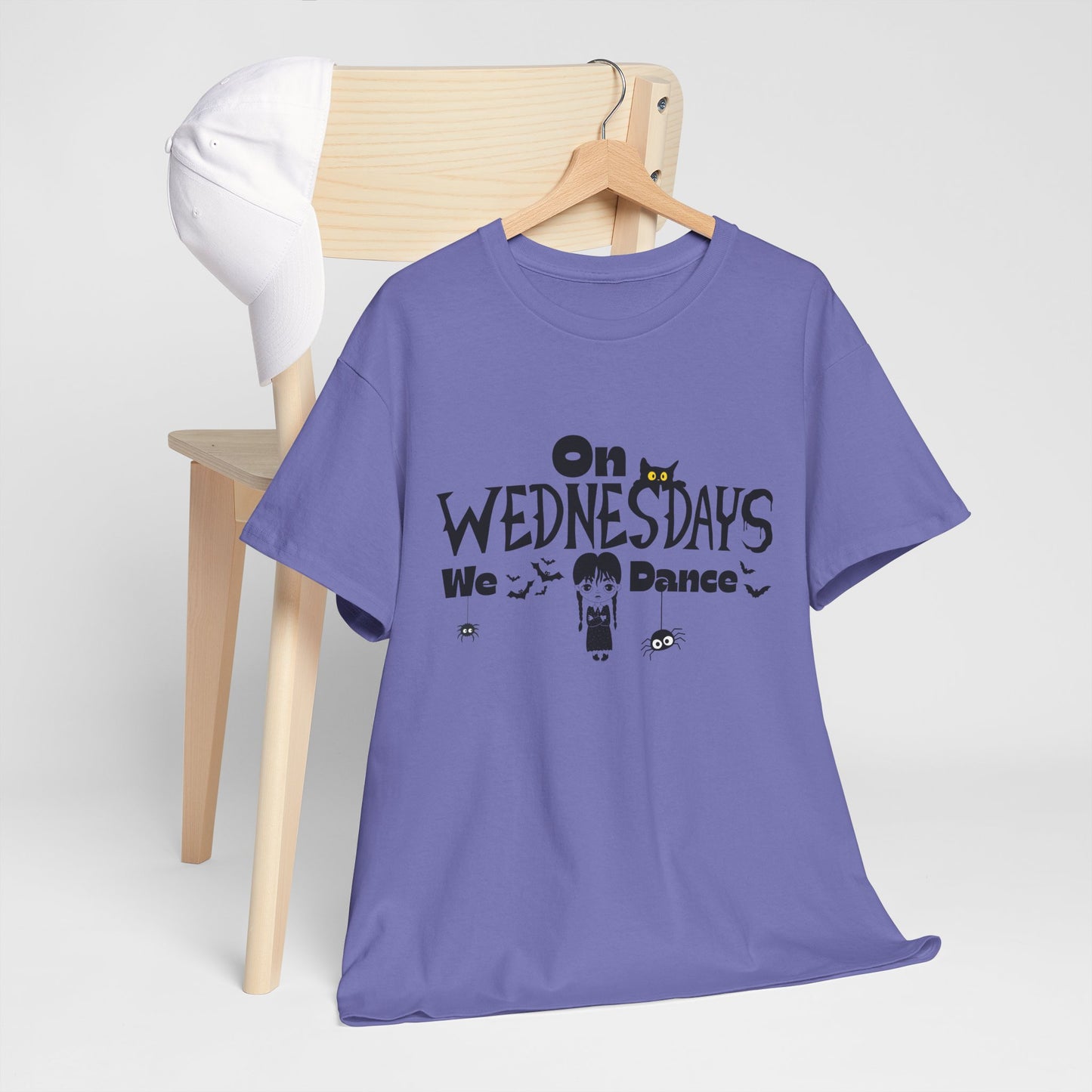 “On Wednesdays We Dance” Gothic Halloween T-Shirt with Cute Girl, Black Cat, Spiders & Bats - Unisex Heavy Cotton Tee