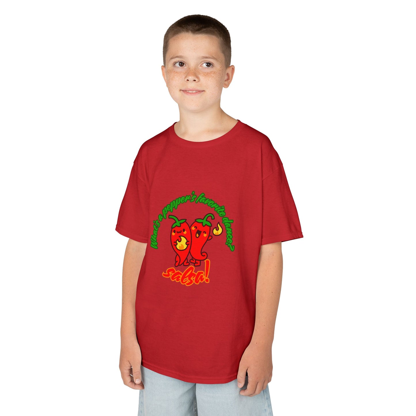 "What’s a Pepper’s Favorite Dance? Salsa!" Youth Short Sleeve Tee – Funny Dance Shirt with Cute Pepper Graphic for Kids