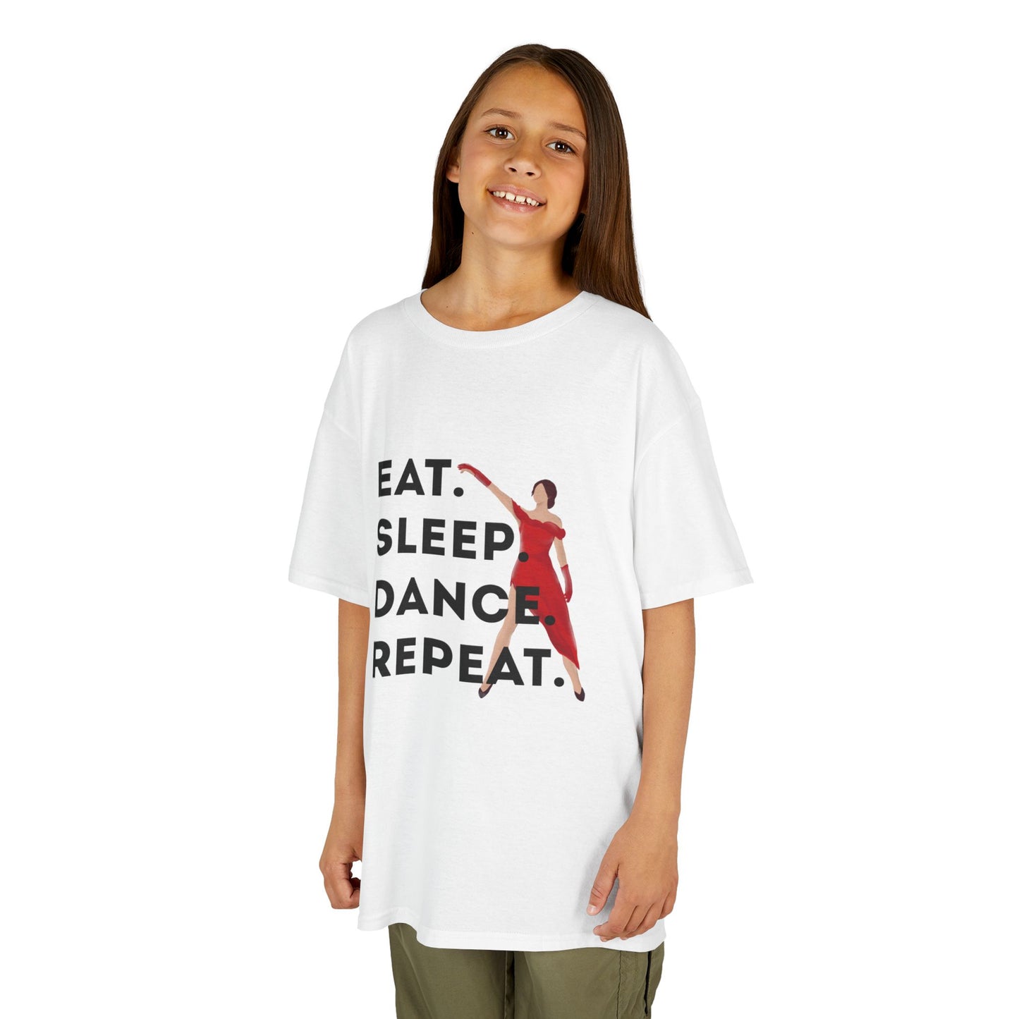 "Eat Sleep Dance Repeat” Youth Short Sleeve Tee – Bold Dancer Graphic Dance Shirt for Kids and Young Performers