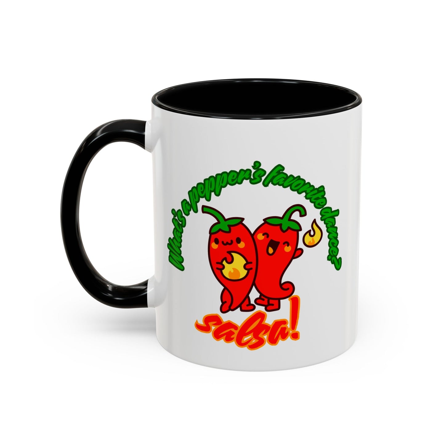 "What's a Pepper's Favorite Dance? Salsa." Accent Coffee Mug – Funny Dance Pun Ceramic Mug for Dancers and Food Lovers