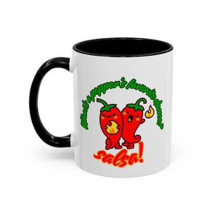 "What's a Pepper's Favorite Dance? Salsa." Accent Coffee Mug – Funny Dance Pun Ceramic Mug for Dancers and Food Lovers