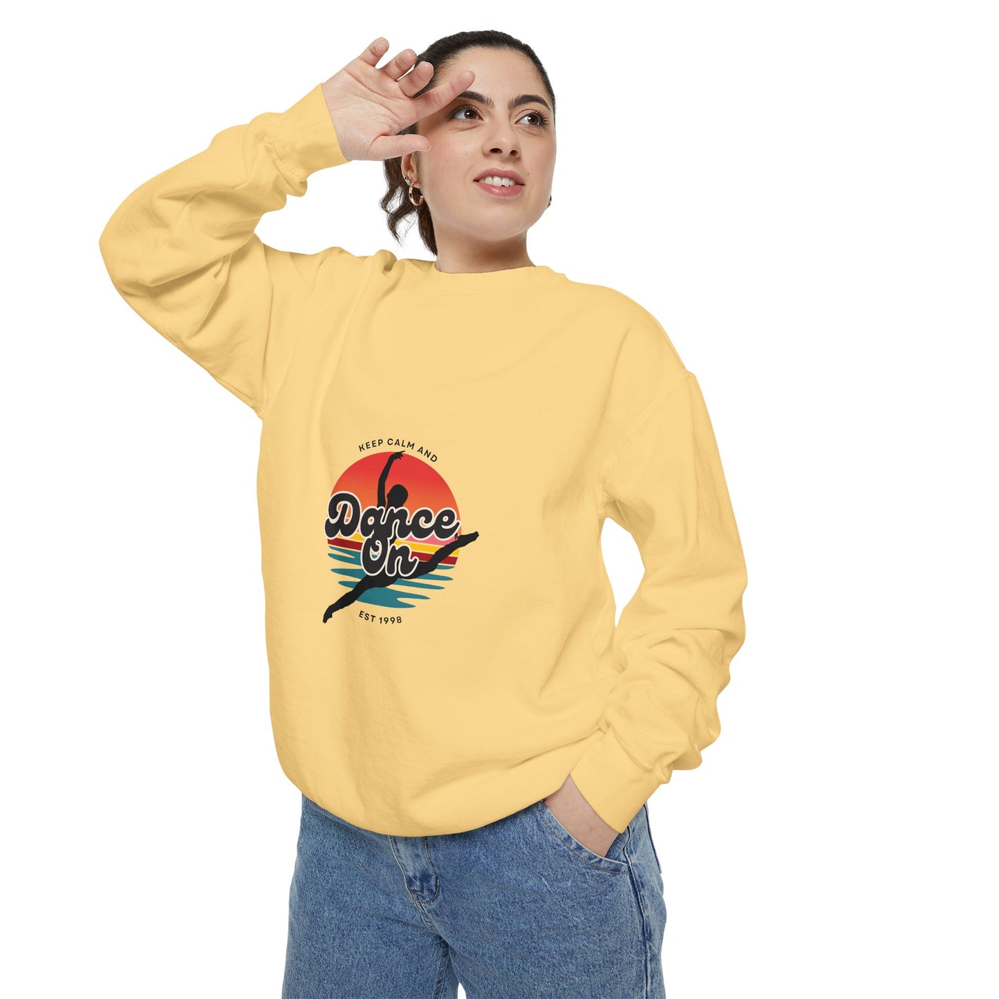 "Keep Calm and Dance On" Unisex Lightweight Crewneck Sweatshirt – Retro-Inspired Dance Graphic Pullover for Dancers & Movement Lovers