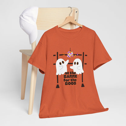 “At the Barre for the Boos” Dance Halloween T-Shirt with Cute Ghost Ballet Graphics - Unisex Heavy Cotton Tee
