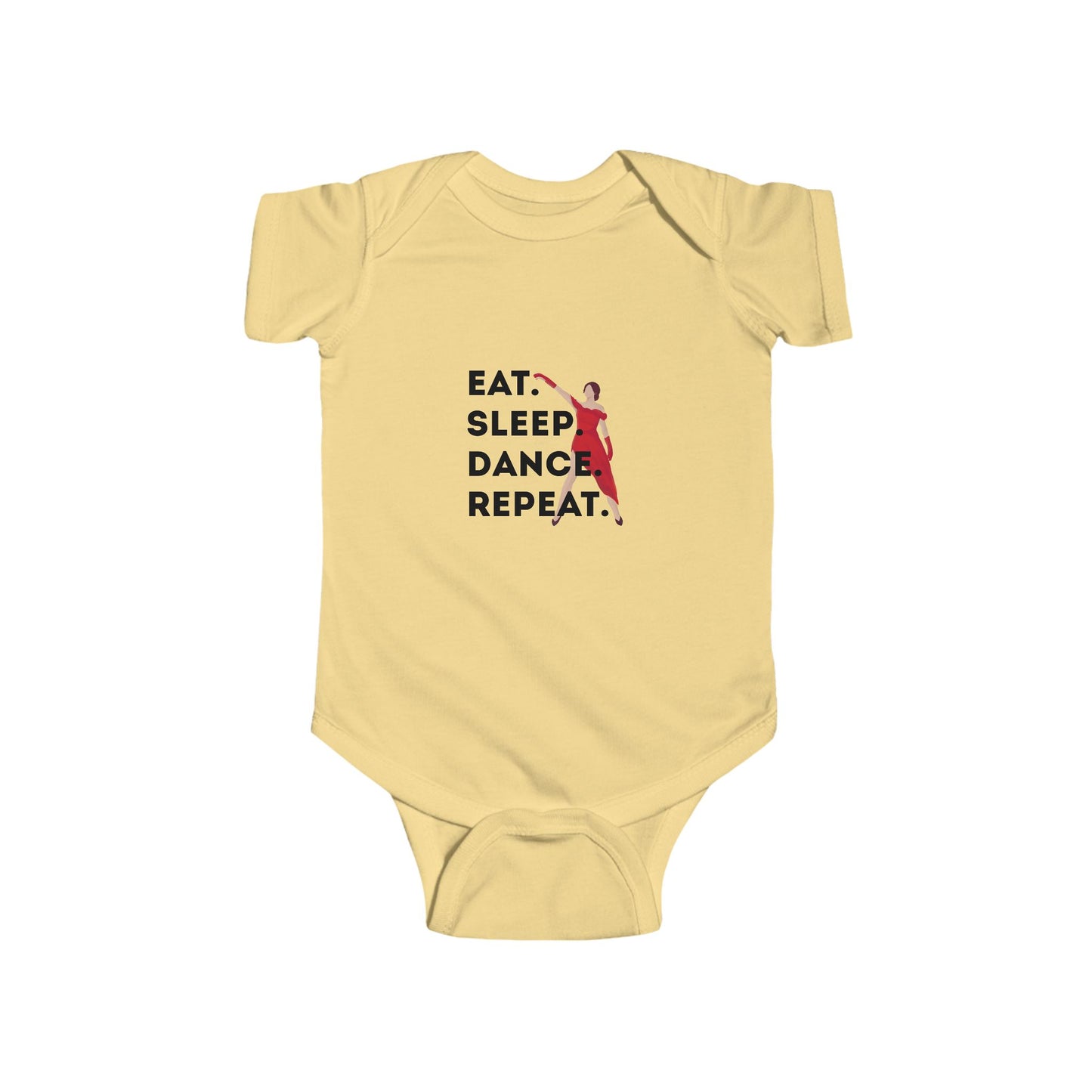 "Eat Sleep Dance Repeat" Infant Short Sleeve Bodysuit – Bold Dancer Graphic Baby Outfit for Dance-Loving Families