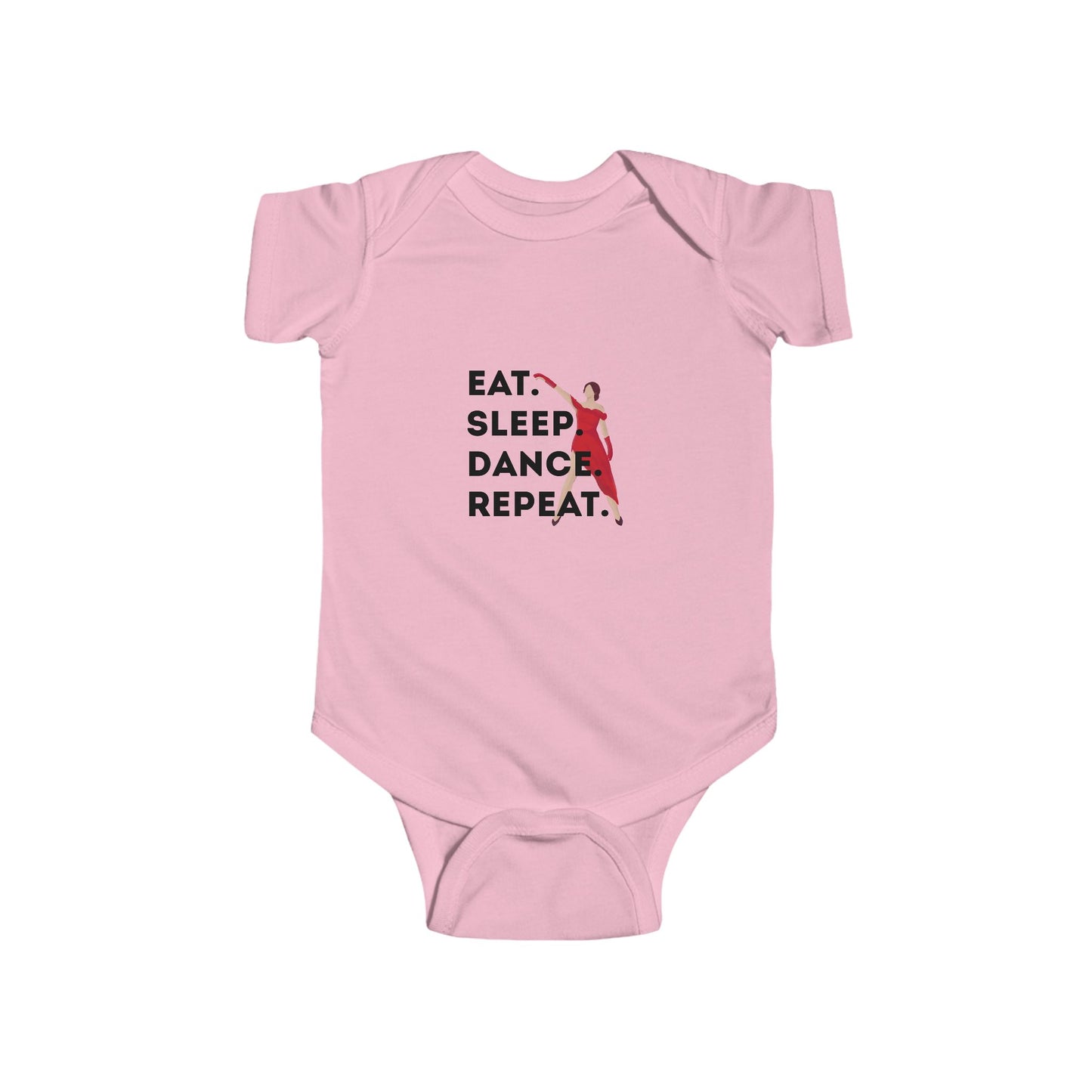 "Eat Sleep Dance Repeat" Infant Short Sleeve Bodysuit – Bold Dancer Graphic Baby Outfit for Dance-Loving Families
