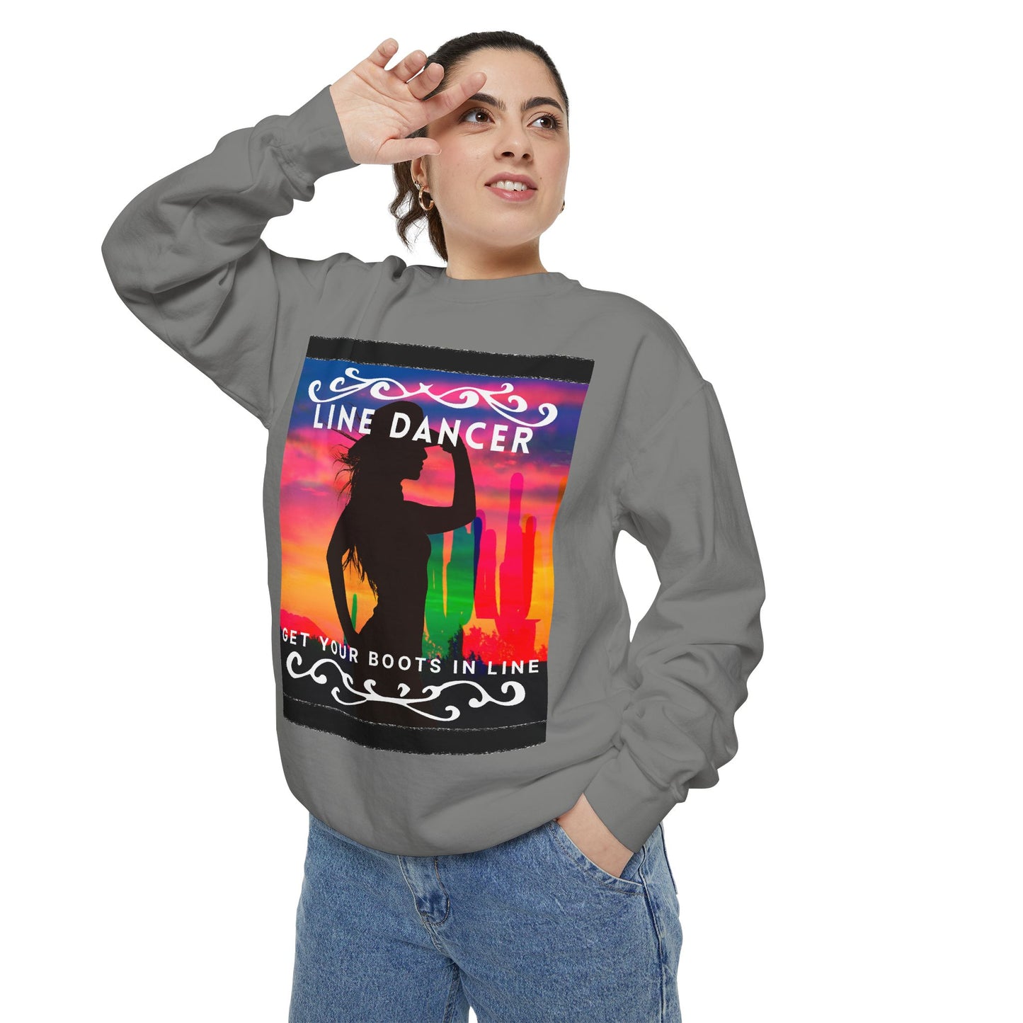 "Line Dancer, Get Your Boots in Line" Unisex Lightweight Crewneck Sweatshirt – Western Dance Graphic Pullover for Country Music & Boot Scootin’ Fans