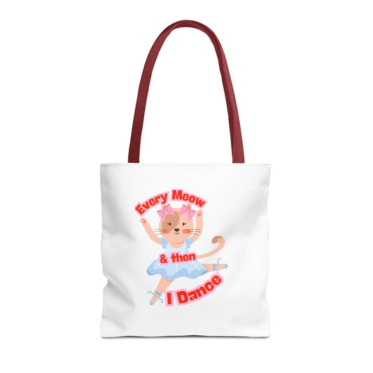 “Every Meow & Then I Dance” Adorable Dancing Cat Graphic | Cute Cat Dance Tote for Ballet Lovers, Shoppers & Everyday Use - Tote Bag with Colored Handles