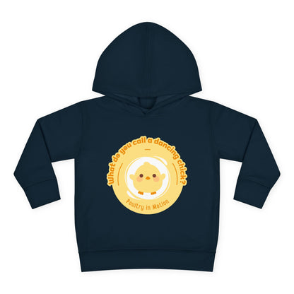 "What do you call a dancing chick? Poultry in Motion." Toddler Pullover Hoodie – Funny Dancing Chicken Pun Graphic Fleece Sweatshirt for Kids