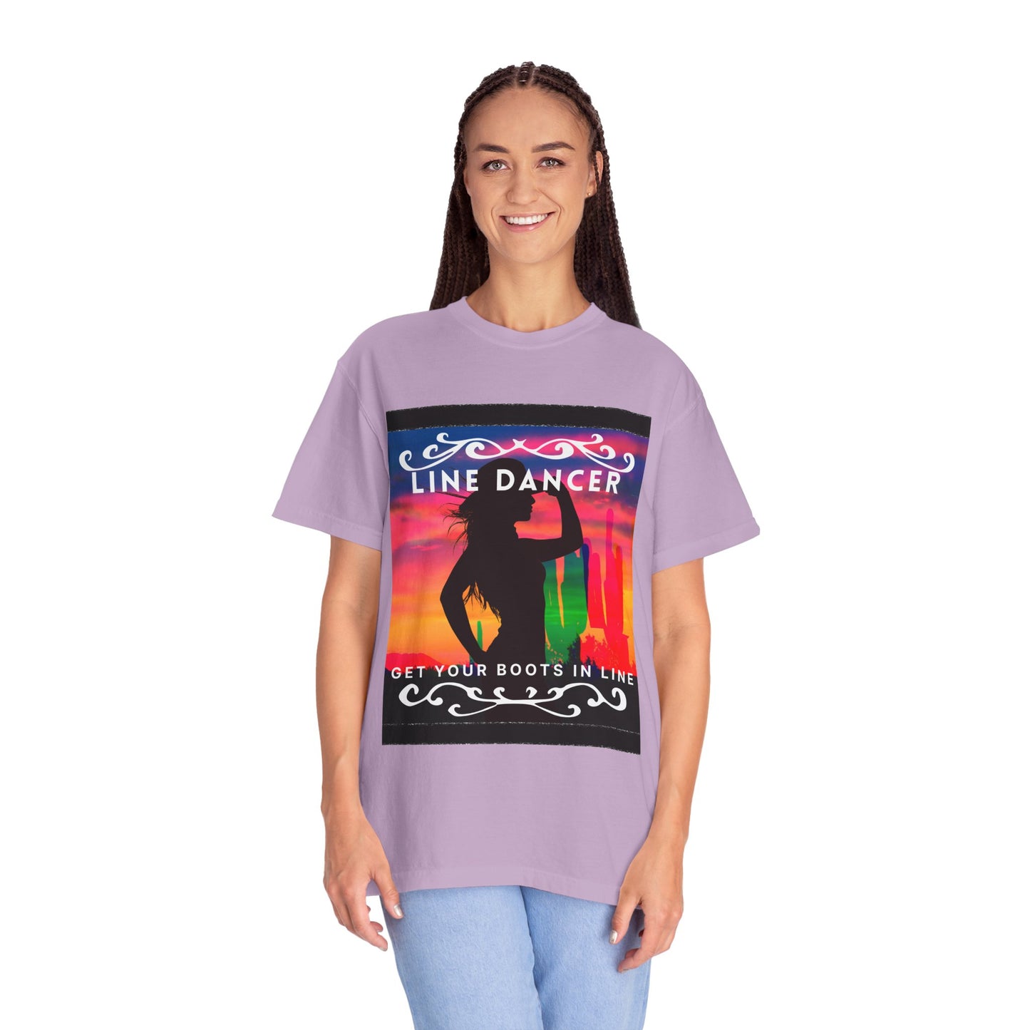 "Line Dancer" Unisex Garment-Dyed T-Shirt – Western Country Dance Graphic Tee – 'Get Your Boots in Line' Cowboy-Inspired Shirt