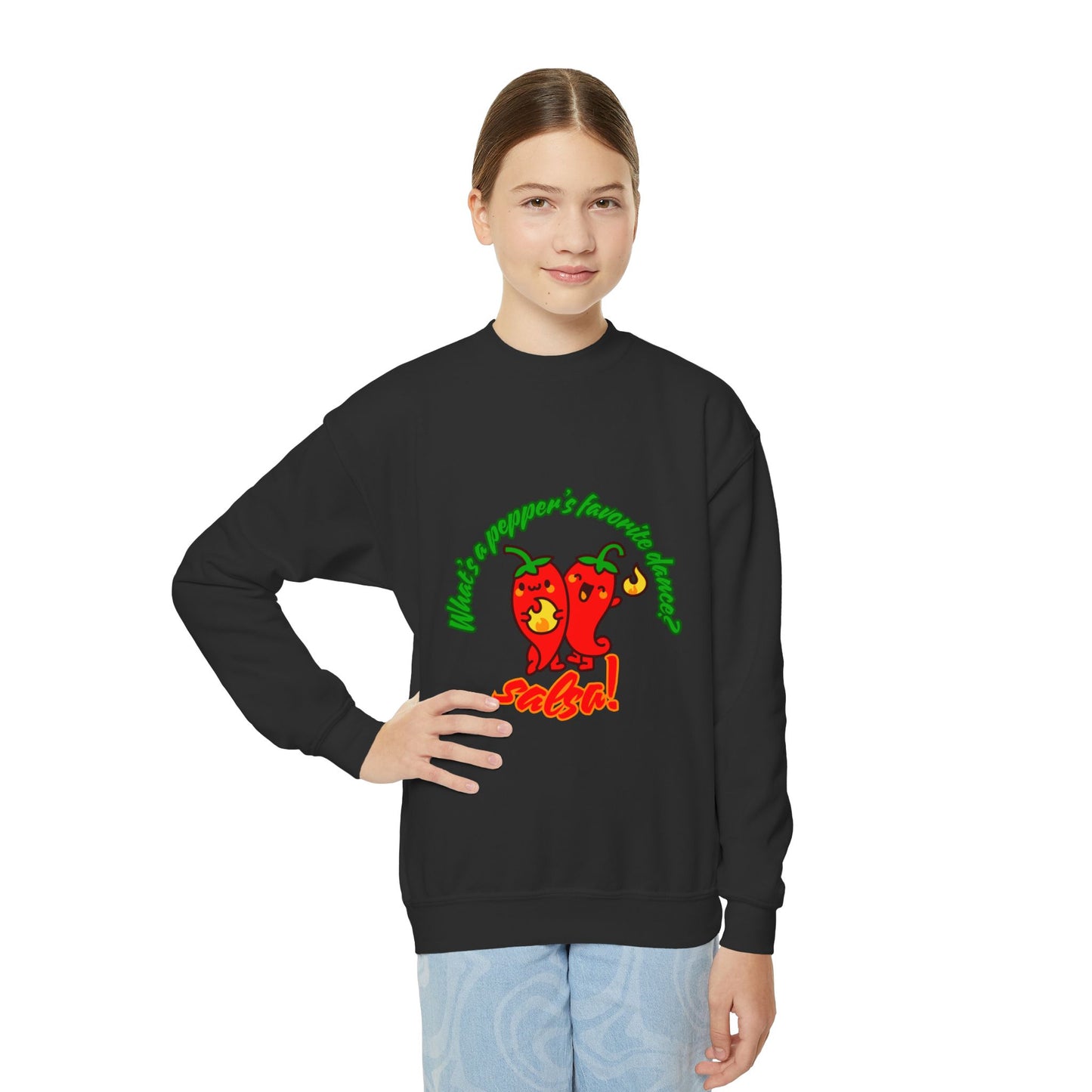 "What's a pepper's favorite dance?  Salsa!" – Funny Dance Pun Youth Crewneck Sweatshirt | Cute Pepper Graphic Kids Pullover for Dancers
