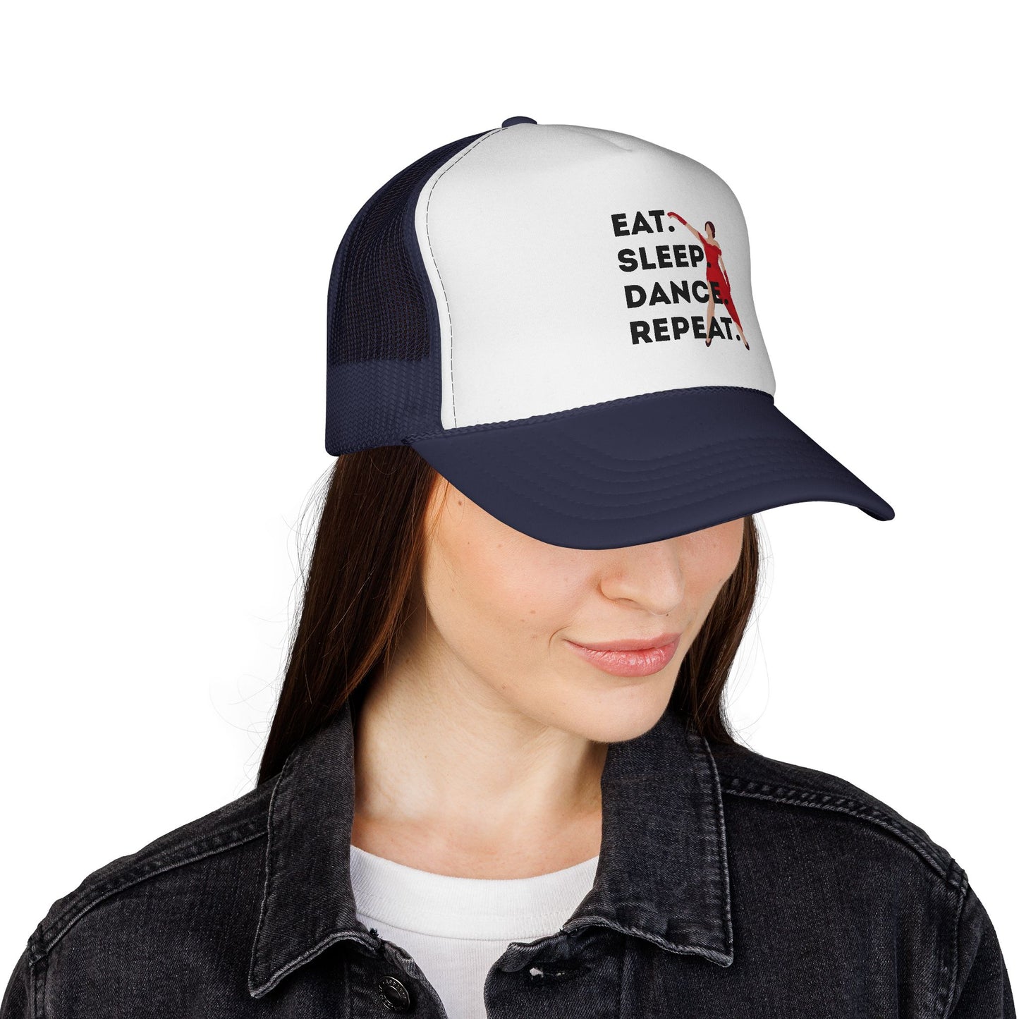"Eat Sleep Dance Repeat" Trucker Hat – Bold Dancer Graphic Unisex Mesh Cap for Dance Lovers | Dance-Themed Hat