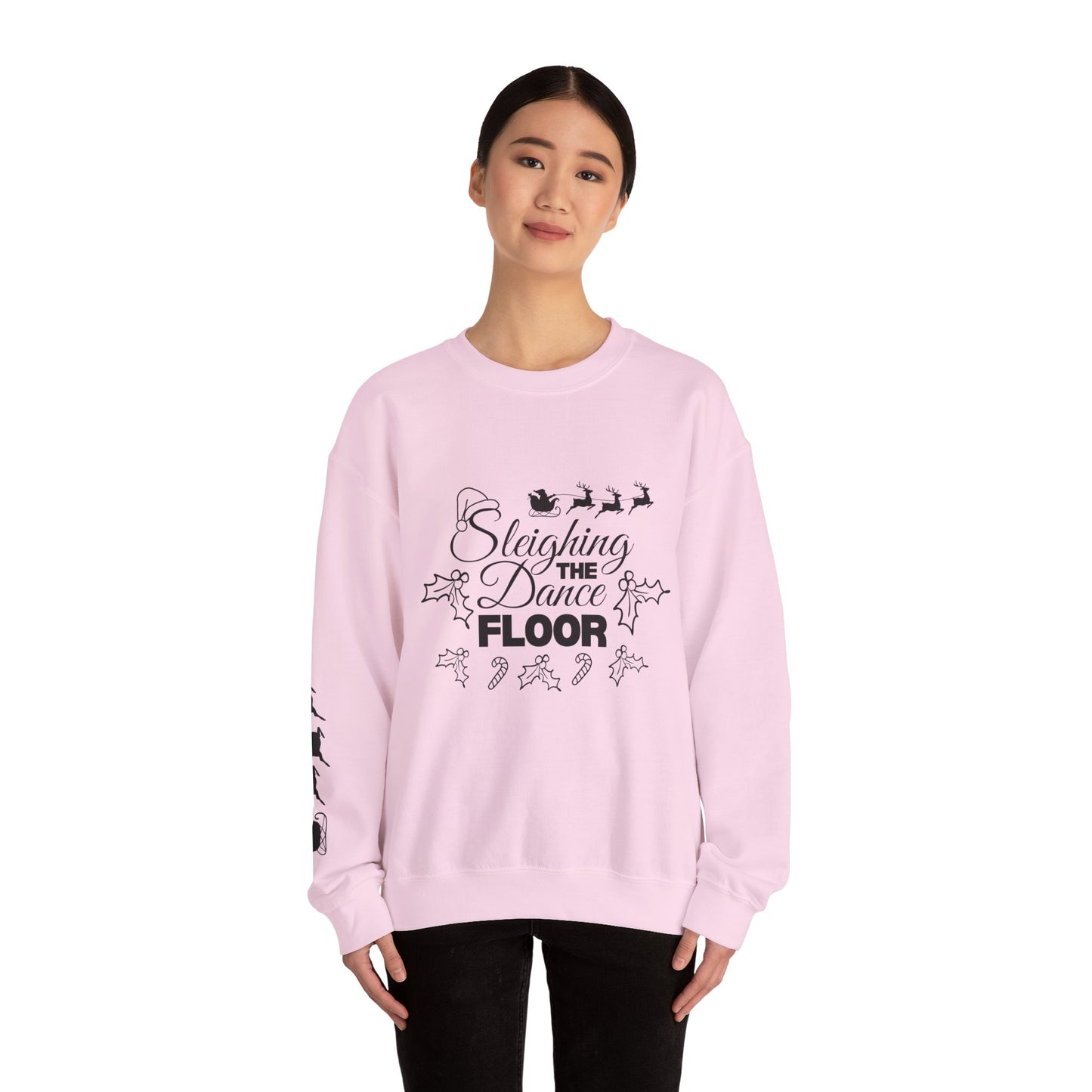 “Sleighing the Dance Floor” ADULT SWEATSHIRT Unisex Heavy Blend Crewneck – Festive Christmas Dance Sweatshirt with Santa’s Sleigh & Reindeer Arm Design, Perfect for Dancers & Studios